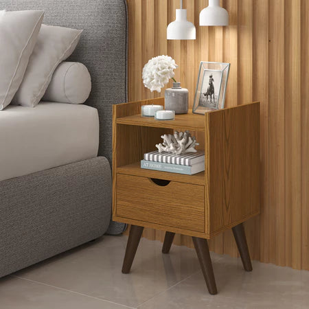 Mesa de Cabeceira Estilo Retrô com 1 Gaveta e 1 Nicho Design Moderno Quarto