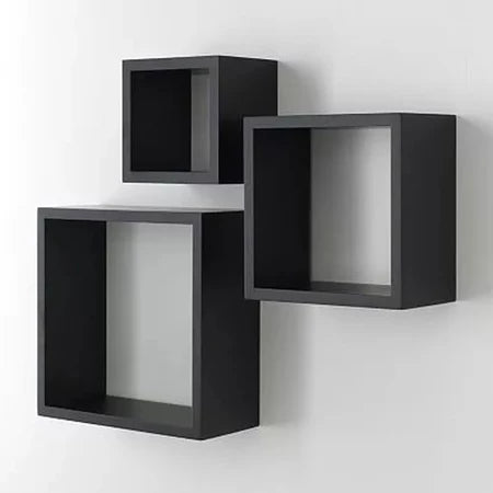 Kit Prateleira Nicho Quadrado MDF Preto 3 Peças Sala Cozinha Quarto