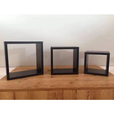 Kit Prateleira Nicho Quadrado MDF Preto 3 Peças Sala Cozinha Quarto