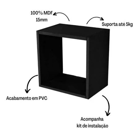 Kit Prateleira Nicho Quadrado MDF Preto 3 Peças Sala Cozinha Quarto