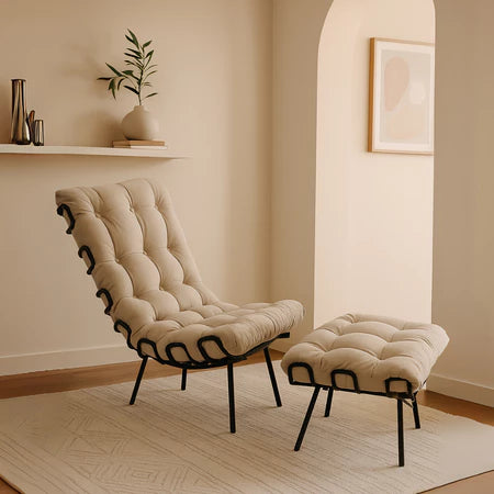 Kit Poltrona Com Puff Costela Adão Confortável Estofada Veludo Sala Decorativa