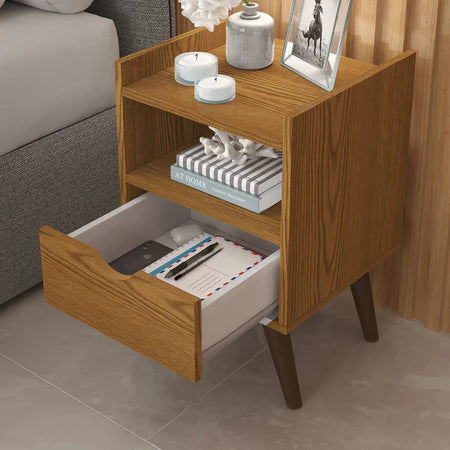 Mesa de Cabeceira Estilo Retrô com 1 Gaveta e 1 Nicho Design Moderno Quarto