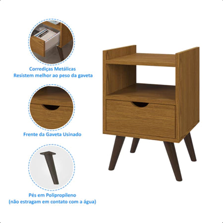 Mesa de Cabeceira Estilo Retrô com 1 Gaveta e 1 Nicho Design Moderno Quarto