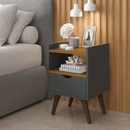 Mesa de Cabeceira Estilo Retrô com 1 Gaveta e 1 Nicho Design Moderno Quarto