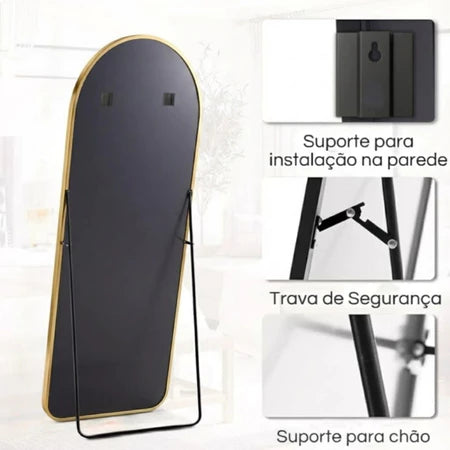 Espelho Grande Oval com Base Reta Corpo Inteiro com Suporte de Chão