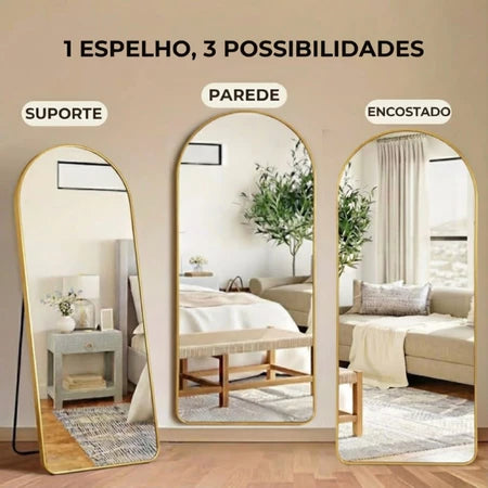 Espelho Grande Oval com Base Reta Corpo Inteiro com Suporte de Chão