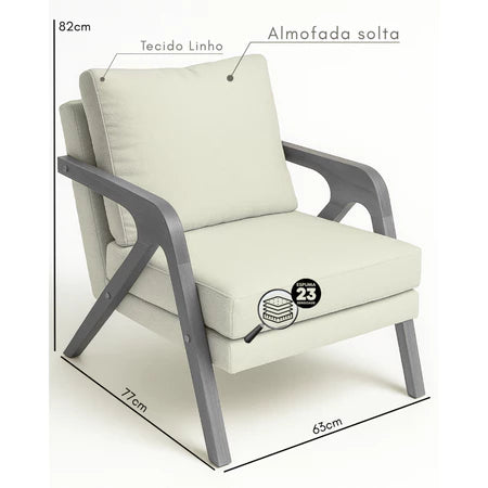Kit 2 Poltronas Decoração Mona Linho Pés Madeira Para Sala Estar Recepção Escritório