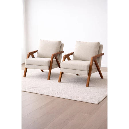 Kit 2 Poltronas Decoração Mona Linho Pés Madeira Para Sala Estar Recepção Escritório