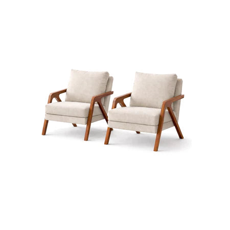 Kit 2 Poltronas Decoração Mona Linho Pés Madeira Para Sala Estar Recepção Escritório