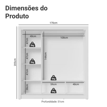 Guarda Roupa Casal 3 Portas de Correr com Espelho Branco Nobre