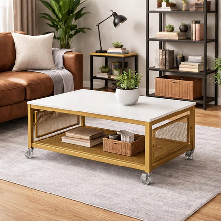 Mesa de Centro Industrial com Tampo MDF Prateleira em Tela Rodinhas