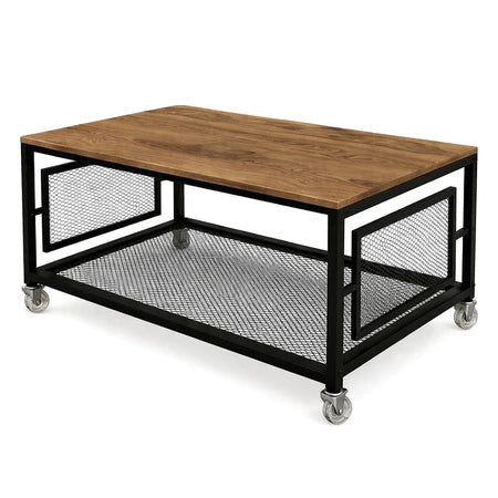 Mesa de Centro Industrial com Tampo MDF Prateleira em Tela Rodinhas