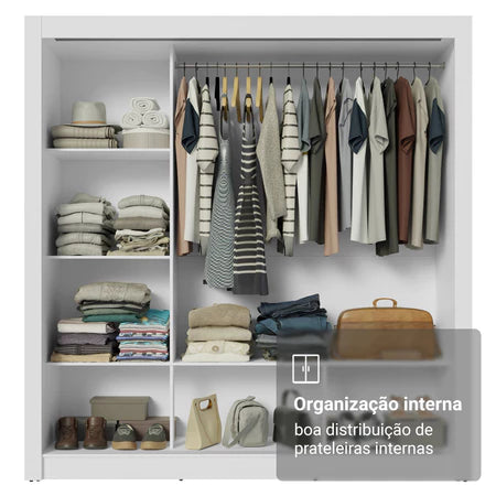 Guarda Roupa Casal 3 Portas de Correr com Espelho Branco Nobre