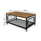 Mesa de Centro Industrial com Tampo MDF Prateleira em Tela Rodinhas