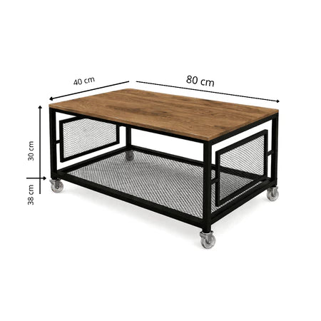 Mesa de Centro Industrial com Tampo MDF Prateleira em Tela Rodinhas