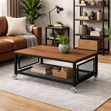 Mesa de Centro Industrial com Tampo MDF Prateleira em Tela Rodinhas