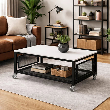 Mesa de Centro Industrial com Tampo MDF Prateleira em Tela Rodinhas