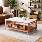 Mesa de Centro Industrial com Tampo MDF Prateleira em Tela Rodinhas