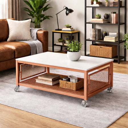 Mesa de Centro Industrial com Tampo MDF Prateleira em Tela Rodinhas