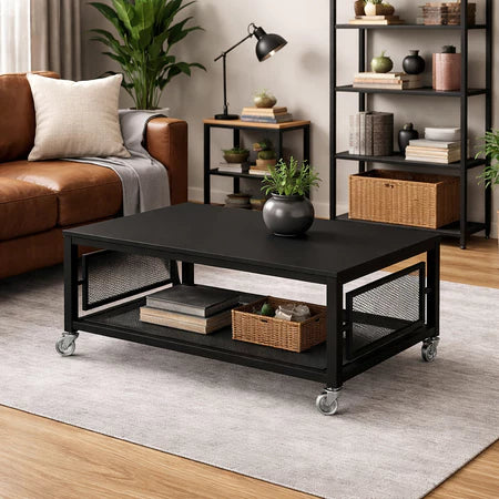 Mesa de Centro Industrial com Tampo MDF Prateleira em Tela Rodinhas