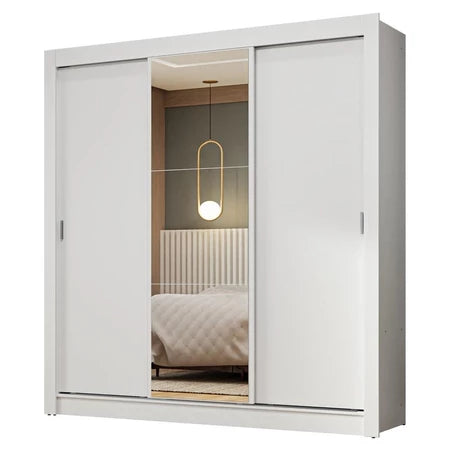 Guarda Roupa Casal 3 Portas de Correr com Espelho Branco Nobre
