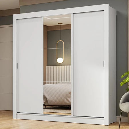 Guarda Roupa Casal 3 Portas de Correr com Espelho Branco Nobre