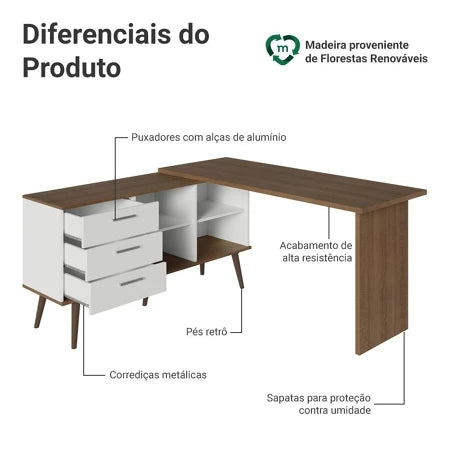 Escrivaninha Em L Mesa Para Computador 3 Gavetas Lisboa