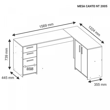 Escrivaninha Mesa Escritório em L 2 Gavetas 3 Portas Office