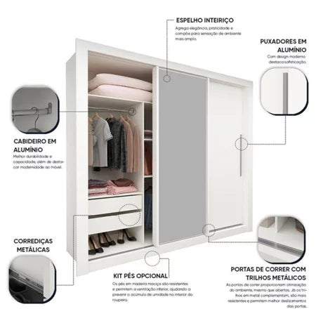 Guarda roupa Casal 3 Portas 1 Porta Espelhada Mdf Branco