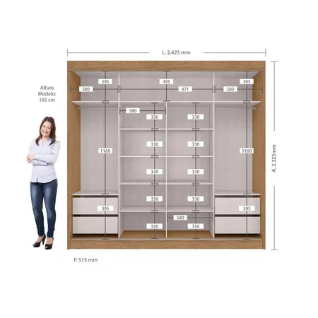 Guarda Roupa Casal Mdf Toquio 2 Portas de Correr 4 Gavetas Freijó Com Off White