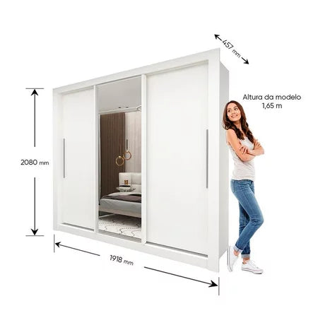 Guarda roupa Casal 3 Portas 1 Porta Espelhada Mdf Branco